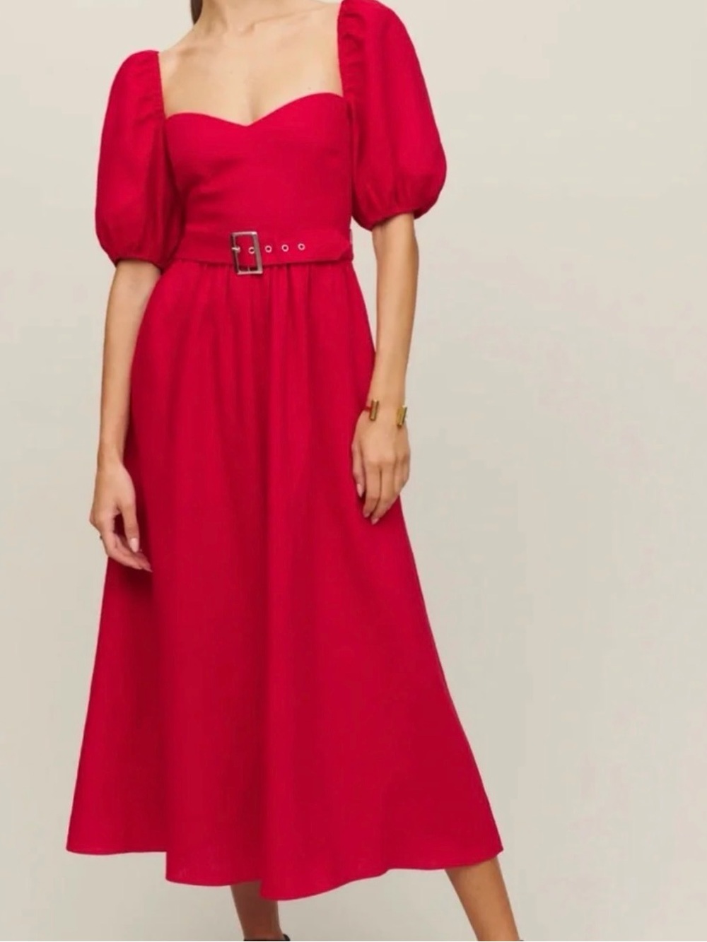 Reformation Red Midi Dress with Puff Sleeves and Belt